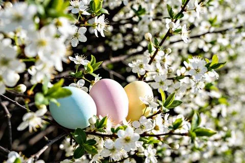 Three pastel Easter eggs nestled among blooming cherry blossoms in spring Stock Photos