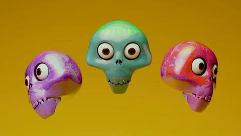 Three patterned decorative skull figurines on orange background.... Stock Illustration