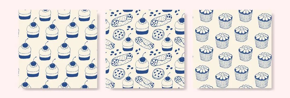 Three patterned designs with blue sweetss on cream background Stock Illustration