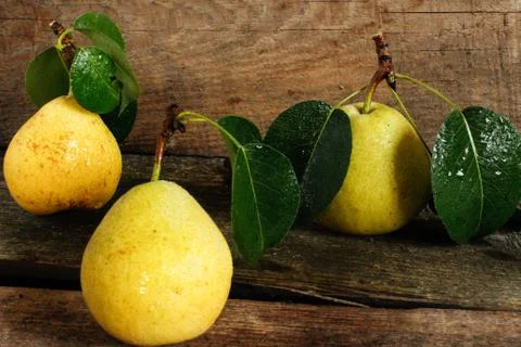 Three pears with leaves on a wooden surface Stock Photos
