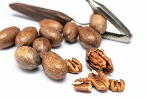 Three pecan nuts and nutcracker, isolated on white background. Foto stock