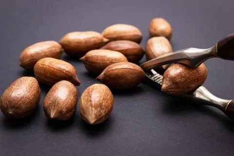Three pecan nuts and nutcracker, isolated on white background. Stock Photos