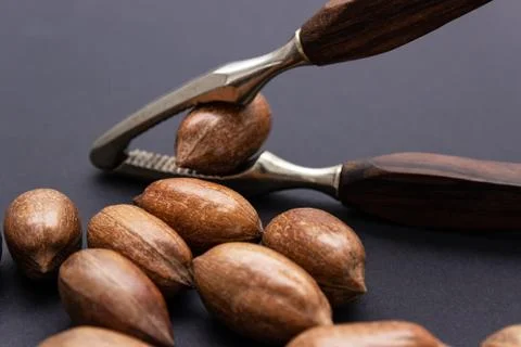Three pecan nuts and nutcracker, isolated on white background. Stock Photos