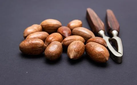 Three pecan nuts and nutcracker, isolated on white background. Stock Photos