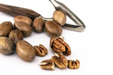 Three pecan nuts and nutcracker, isolated on white background. Stock Photos