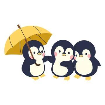 Three Penguins Sharing One Umbrella Stock Illustration