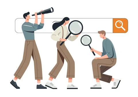 Three people actively searching for information. Stock Illustration