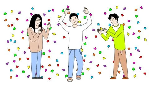 Three people are dancing in a room with confetti falling around them Stock Illustration