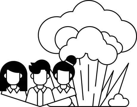 Three people are hugging each other in front of a large cloud Stock Illustration