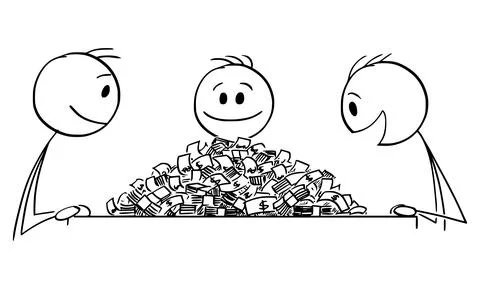 Three People Are Looking on Big Pile of Money on Table , Vector Cartoon Stick 스톡 일러스트