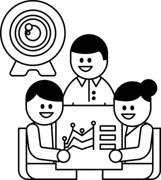 Three people are sitting around a table with a white board in front of them Stock Illustration