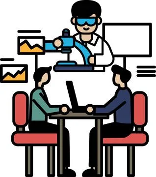 Three people are sitting at a table with a laptop in front of them Stock Illustration