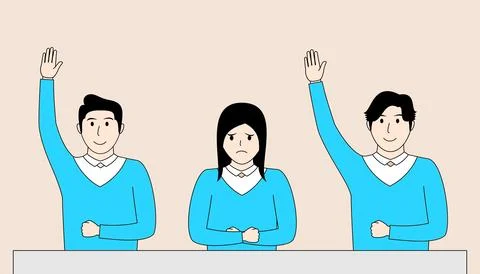 Three people are sitting at a table and two of them is raising his hand Stock Illustration