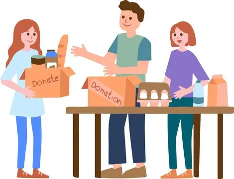 Three people are standing around a table with a donation box in front of them Stock Illustration