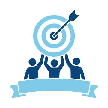Three people celebrating hitting a target with an arrow on a blue and white.. Stock Illustration