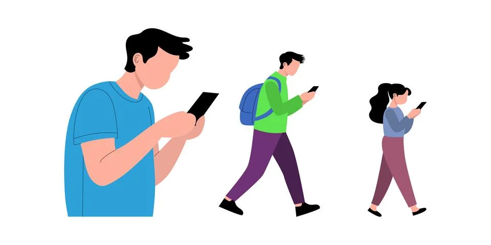 Three people engrossed in mobile devices while walking. Stock Illustration