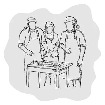 Three people having camping and having bbq Christmas party outdoor vector ill Stock Illustration
