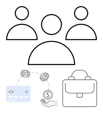 Three People Icons with Payment Elements Highlighting Financial Transaction.. Stock Illustration