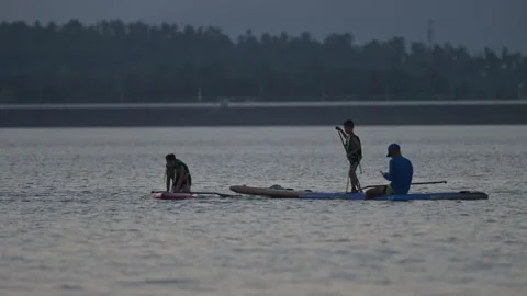Three People on Paddleboards on Lake Stock-Footage 345040611