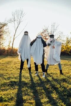 Three people posing in ghost costumes in sunny field Stock Photos