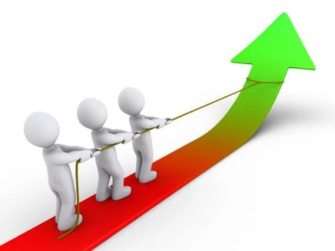 Three people pulling arrow upwards with rope Stock Illustration