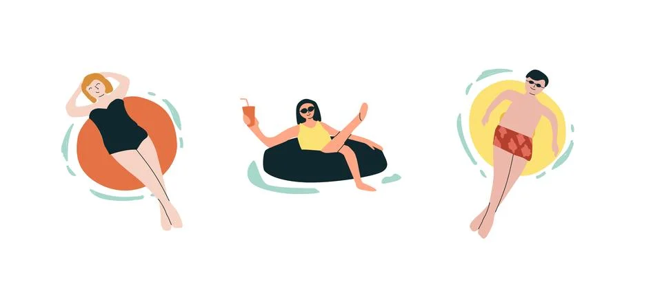 Three people relaxing in pool on inflatable tubes Stock Illustration