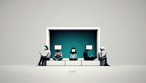 Three people sitting on a bench in front of a green wall with a white frame.. Illustrazione stock