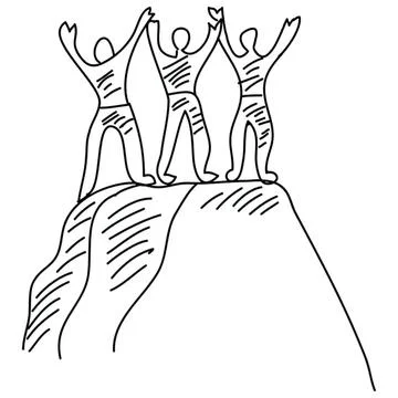 Three people standing on a mountain top with arms raised Stock-Illustration