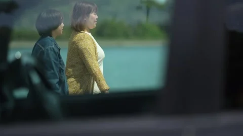 Three people stroll beside a calm ocean Stock Footage 339842908