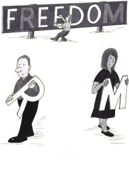 Three People Taking Individual Letters from a Sign that Says FREEDOM Illustrazione stock