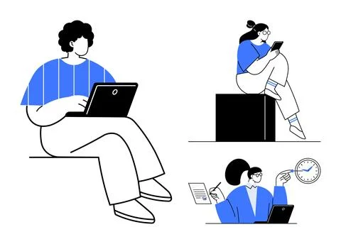 Three people using electronic devices one with a laptop, another with a table Stock Illustration
