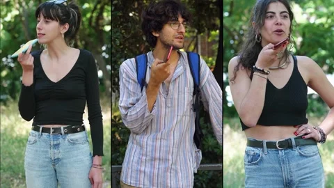 Three people using the mobile phone leaving a vocal message. Multiscreen Stock Footage 309834993