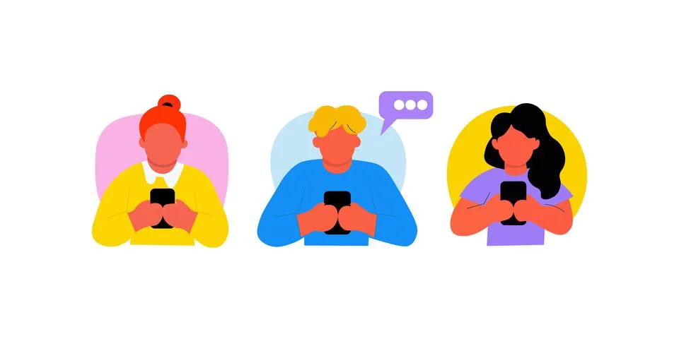 Three people using smartphones, communicating online. Stock Illustration