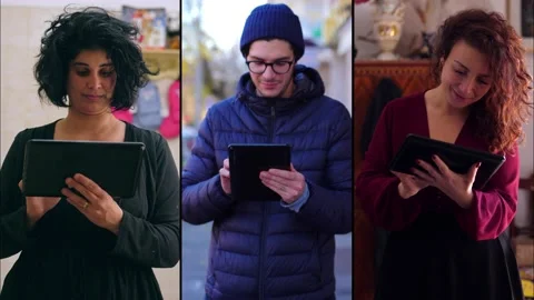 Three people using the tablet computer to read and comment on the latest news Video stock 168753771