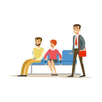 Three Person Waiting In Queue. Bank Service, Account Management And Financial Stock Illustration