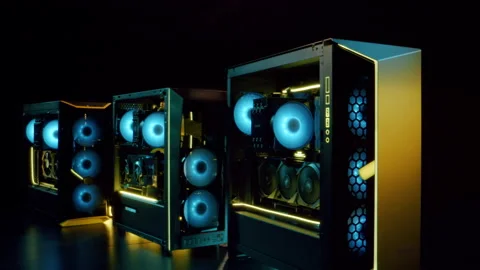 Three personal powerful gaming computers with glowing coolers stand on a table 動画素材 202653827