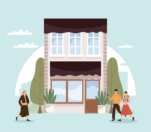 Three persons and building Ilustración de archivo