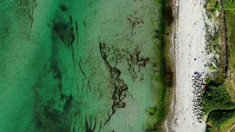 Three persons playing around in the water at a beach, drone stock footage Stock Footage 139933422