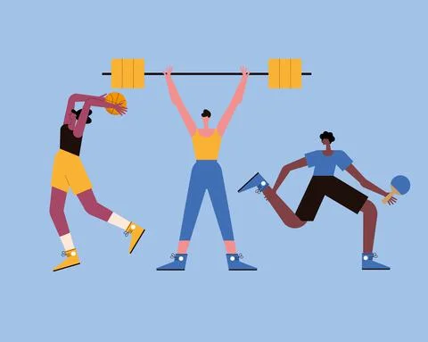 Three persons practicing sports Stock Illustration