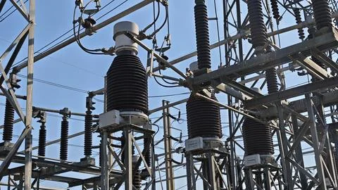 Three phase high voltage current transformer CT measuring equipment. Stock Photos