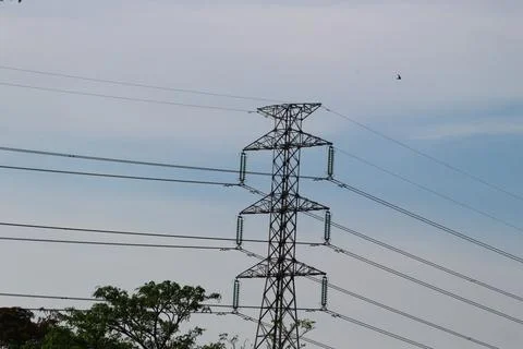 Three-phase power grid tower Stock Photos