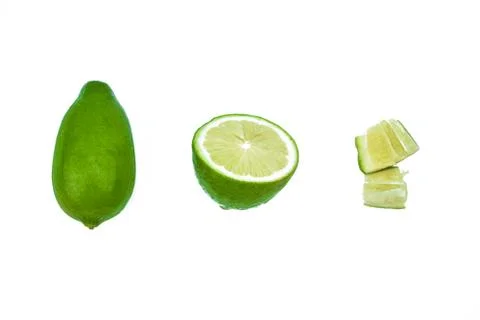 Three phases of a lemon being cut-ted from a full on to very small pieces Stock Photos