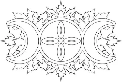 Three phases of the moon, goddess symbol and leaves - vector linear picture Stock Illustration