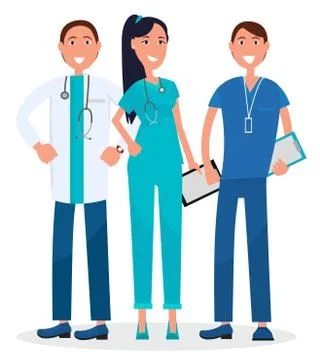Three Physicians Standing and Smiling Graphic Stock Illustration