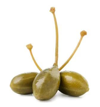 Three pickled capers with tails on a white background. Isolated Stock Photos
