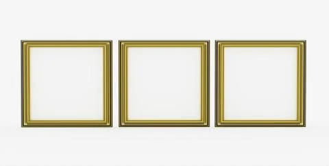 Three picture frames of gold colour isolated on white background Illustrazione stock