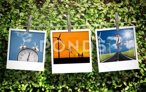 Three pictures of different themes hung with pegs Stock Photos