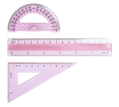 A three-piece pink plastic geometry set featuring a ruler, protractor, and .. Stock Photos