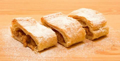 Three pieces of apple strudel Stock Photos