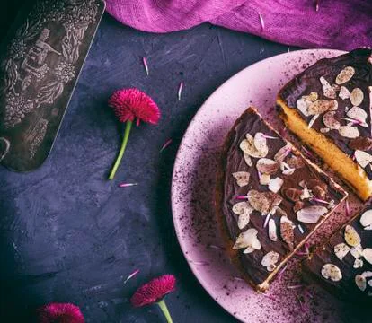 Three pieces of cheesecake with chocolate Stock Photos